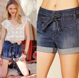 Free People High Waist Pleated Denim Shorts w/Tie